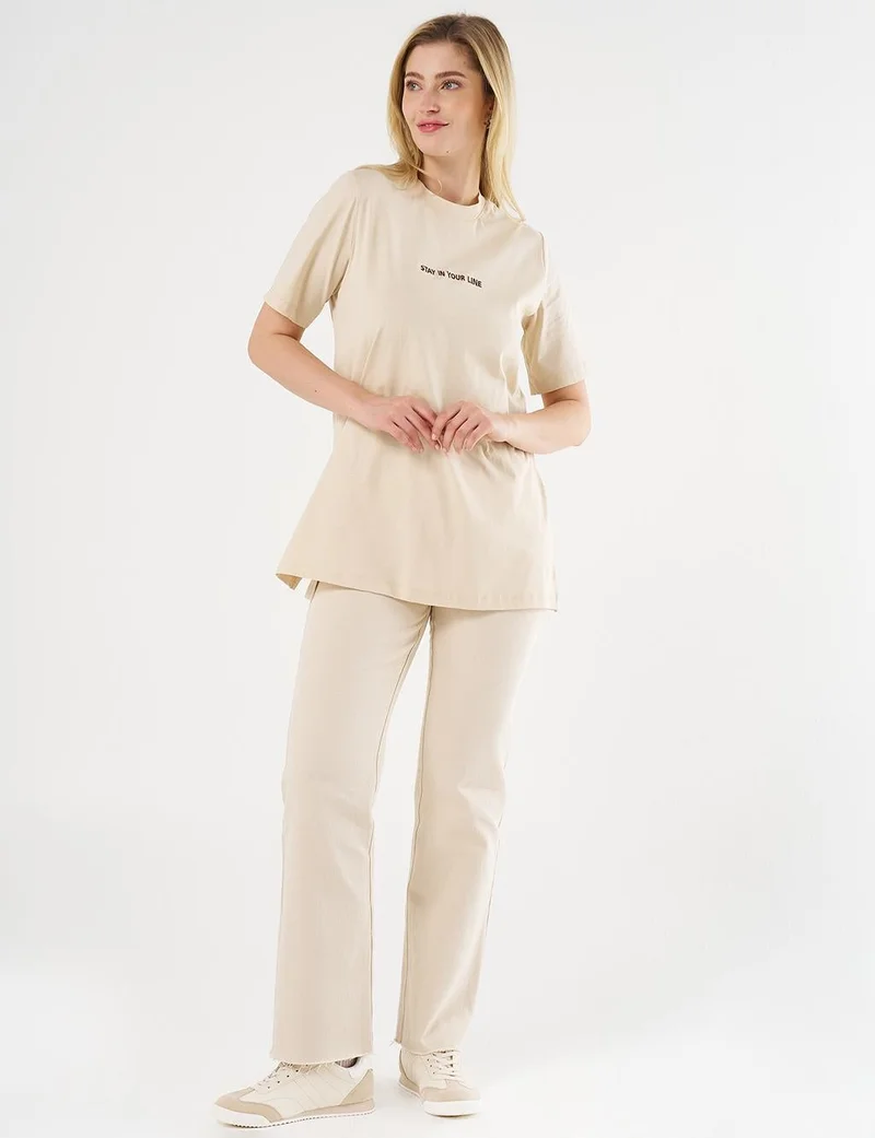 Kayra Slogan Embroidered T-shirt Cream