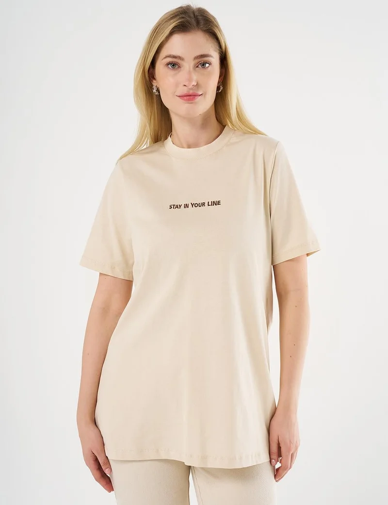 Kayra Slogan Embroidered T-shirt Cream