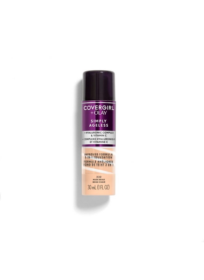 كفر جيرل كريم أساس سائل 3 في 1 من CoverGirl & Olay Simply Ageless، لمسة نهائية غير لامعة، تركيبة حمض الهيالورونيك وفيتامين سي، خالٍ من القسوة، لون بيج طبيعي، عبوة واحدة  - Image 1