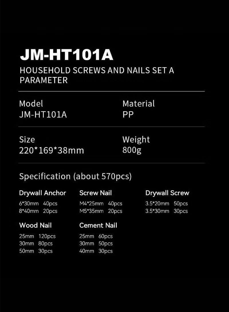 JIMIHOME 570-Piece Screws and Nails Set with Organizer Box - Plastic Organizer for Home or Office, Hide Drywall Anchors, Drywall Screws,Screw Nails, Wood Nails, Cement Nails (Gray) - Image 5