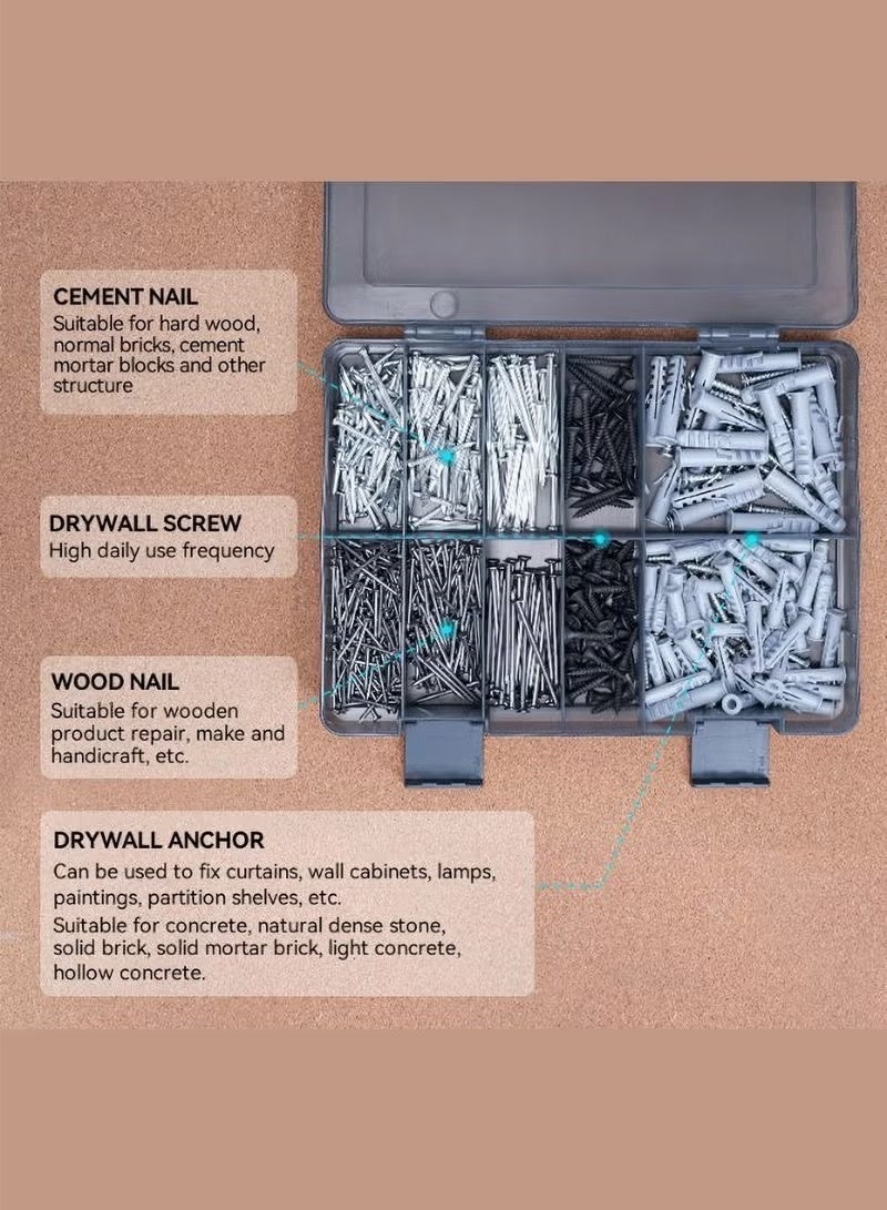 JIMIHOME 570-Piece Screws and Nails Set with Organizer Box - Plastic Organizer for Home or Office, Hide Drywall Anchors, Drywall Screws,Screw Nails, Wood Nails, Cement Nails (Gray) - Image 4
