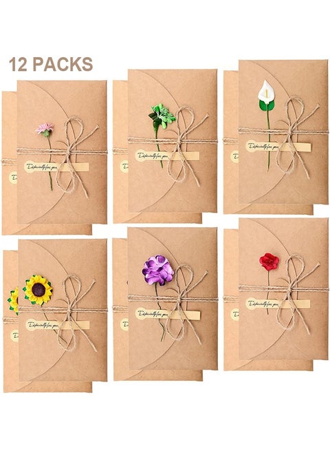 12 Packs Dried Flowers Greeting Card with Envelopes, Brown Retro Kraft Holiday Gift Card, DIY Invitation Wish Card Note Card Thank You Card for Birthday