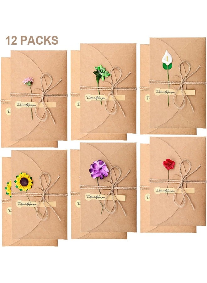 Generic 12 Packs Dried Flowers Greeting Card with Envelopes, Brown Retro Kraft Holiday Gift Card, DIY Invitation Wish Card Note Card Thank You Card for Birthday  - Image 1