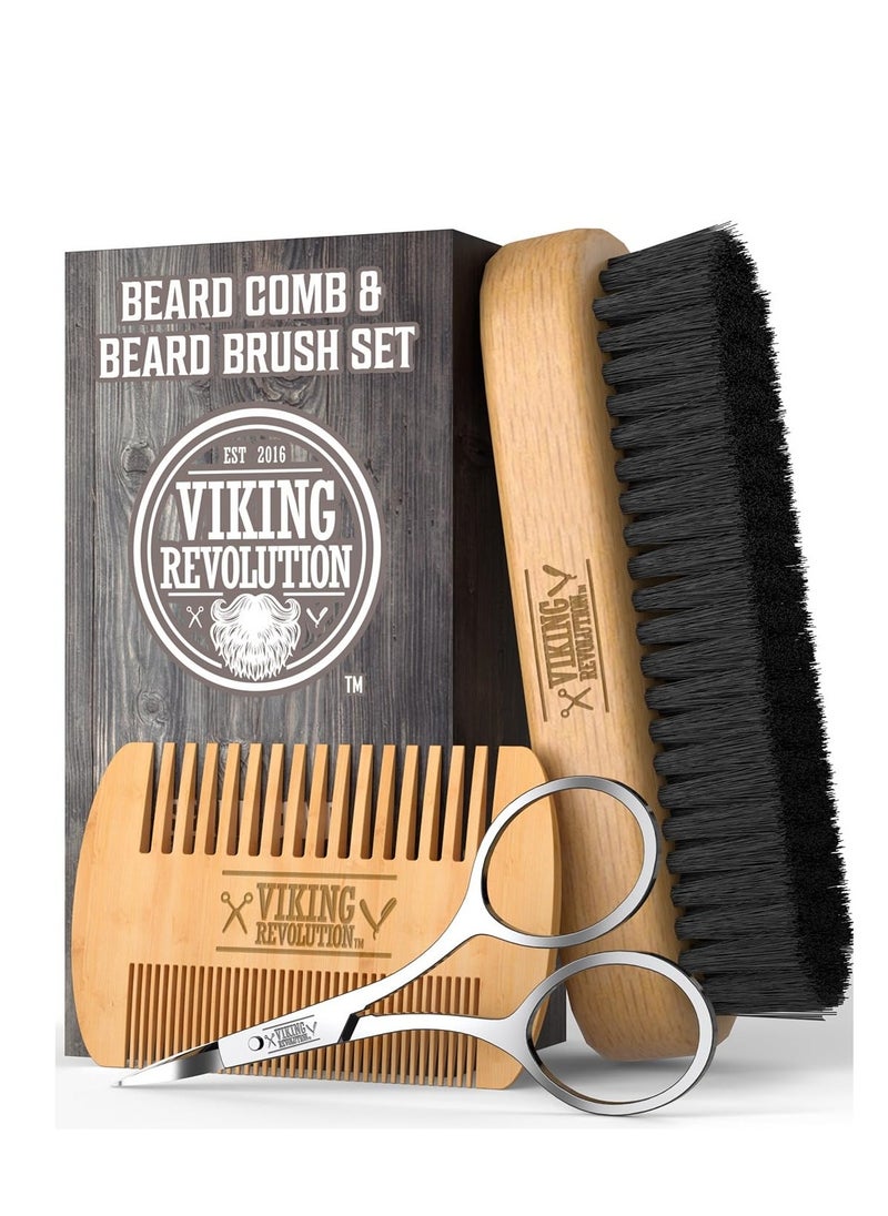Viking Revolution Viking Revolution Natural Boar Bristle Brush and Pear Wood Comb Set for Men - Dual Action Grooming for Beards and Mustaches with Velvet Travel Pouch 