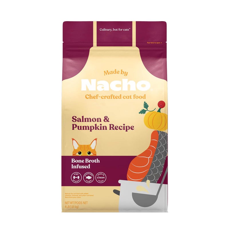 Made by Nacho Dry Cat Kibble 4lb Bag, High Protein and Grain-Friendly Premium Cat Food, Sustainably Caught Salmon and Pumpkin, Infused with Bone Broth for Hydration, Limited Ingredients, Single Bag - Image 1