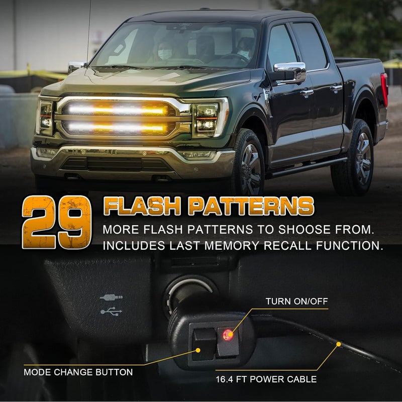 XRIDONSEN 2PCS 24 inch Truck Grill Strobe Lights Strip 288 LED Emergency Tailgate/Rear window/Grille Lights Amber White Flashing Warning Caution Safety Lights for Tow Plow Trucks Construction Vehicles - Image 4