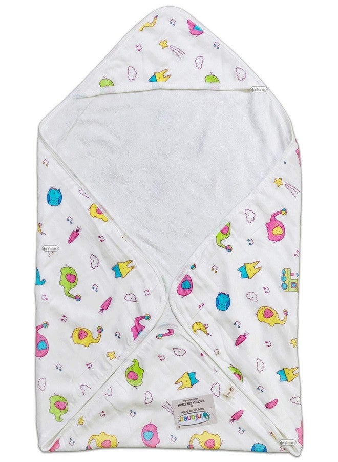 INFANEO Premium Muslin Cotton Hooded Baby Bath Towel - 12006 - White - 75×75 cm | Ultra‑Soft, Quick‑Dry, High‑Absorbent Printed Hooded Towel for Newborns & Toddlers (Prints May Vary) - Image 1