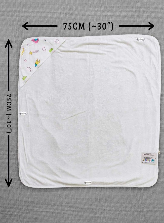 INFANEO Premium Muslin Cotton Hooded Baby Bath Towel - 12006 - White - 75×75 cm | Ultra‑Soft, Quick‑Dry, High‑Absorbent Printed Hooded Towel for Newborns & Toddlers (Prints May Vary) - Image 2