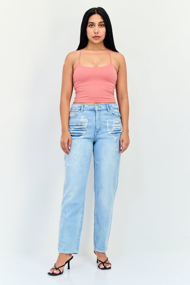 Cropp Women Regular Fit Low Waist Rip No Stretch Jeans, Wash Blue - Image 4