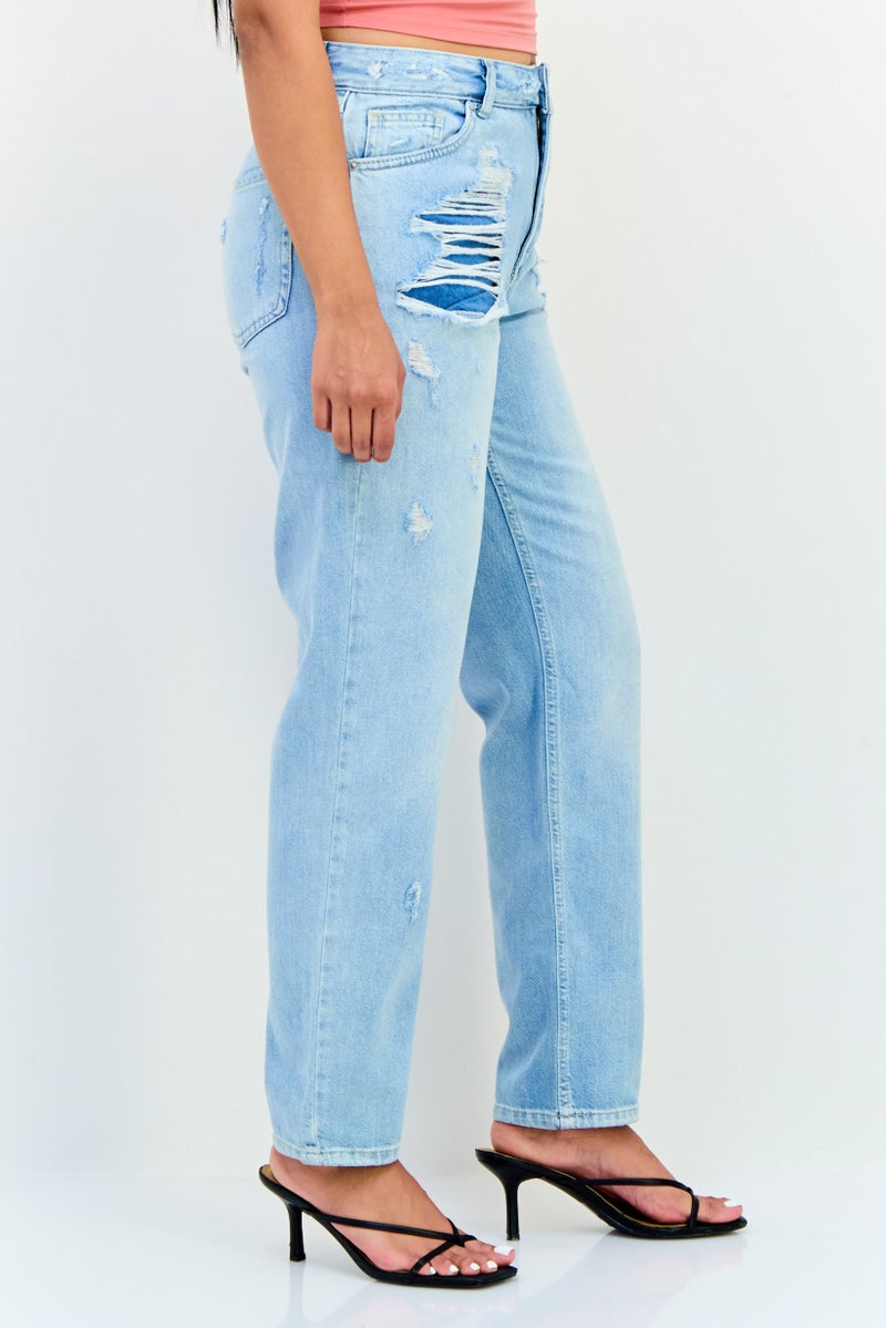 Cropp Women Regular Fit Low Waist Rip No Stretch Jeans, Wash Blue - Image 2