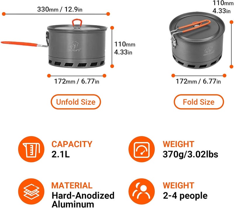 Bulin Camping Pot, 2.1L High Efficiency Backpacking Pot Ultralight Camping Cooking Set Cookware Gear with Heat-Proof Handle & Heat Exchanger for Outdoor Picnic Hiking Travel - Image 2
