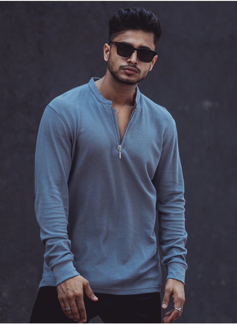 Maniac Maniac Men Henley Neck Solid Full Sleeve Lite Grey Cotton Slim Fit T-Shirt  - Image 1