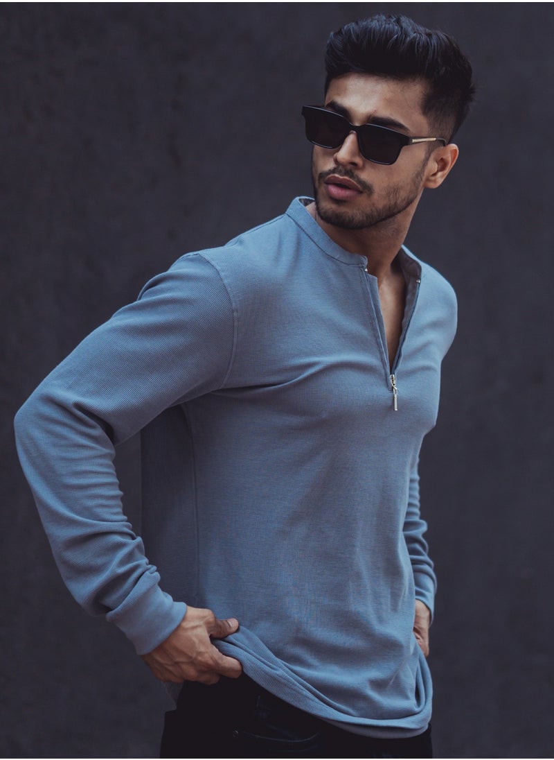 Maniac Maniac Men Henley Neck Solid Full Sleeve Lite Grey Cotton Slim Fit T-Shirt  - Image 5