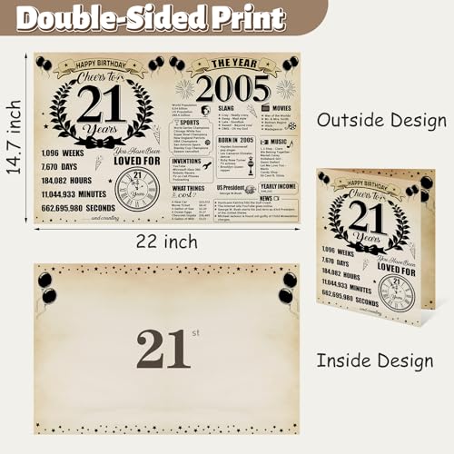 Uiorgui Large 21st Birthday Cards for Men Women, Vintage 2005 Happy 21st Birthday Greeting Card with Envelope Jumbo Twenty-one Guest Book Cheers to 21 Years Decorations Gifts Party Supplies - Image 2