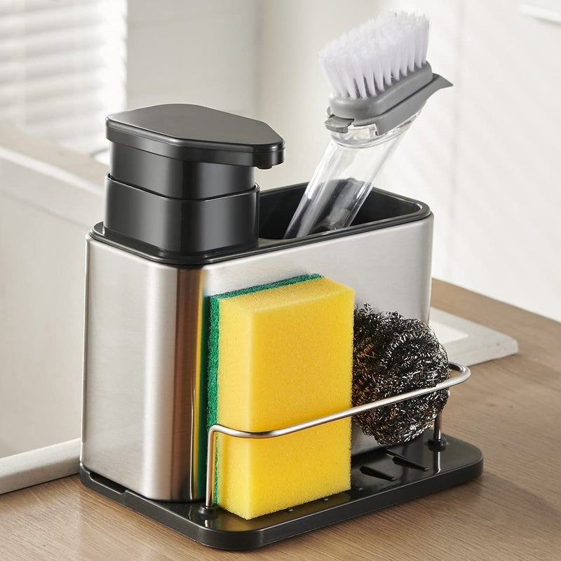 TESOT Dish Soap Dispenser 3-in-1 Sponge Holder for Kitchen Sink Stainless Steel, Rustproof - Image 1