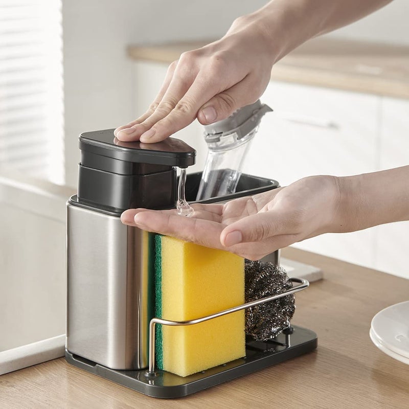 TESOT Dish Soap Dispenser 3-in-1 Sponge Holder for Kitchen Sink Stainless Steel, Rustproof - Image 2