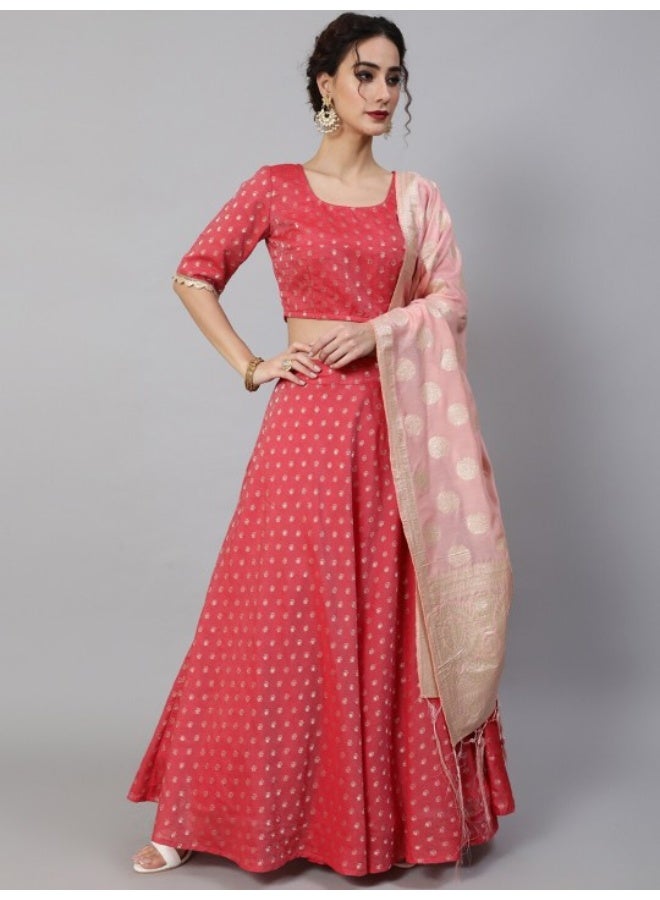 AKS Red Gold Woven design Lace Work Lehenga Choli With Brocade Dupatta  - Image 1