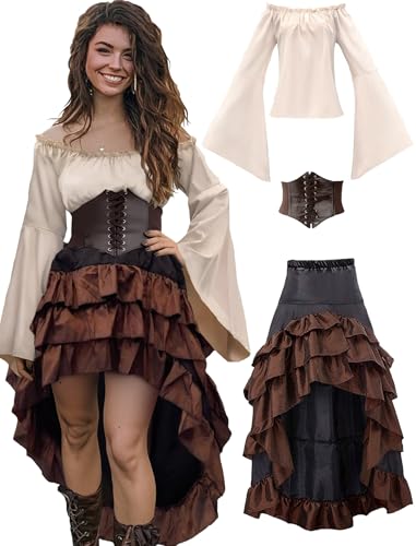 Verceco Pirate Costume Women Outfit with Renaissance Pirate Shirt Skirt Corset Waist Belt Womens Halloween Pirate Costumes BeigeBrown M - Image 1