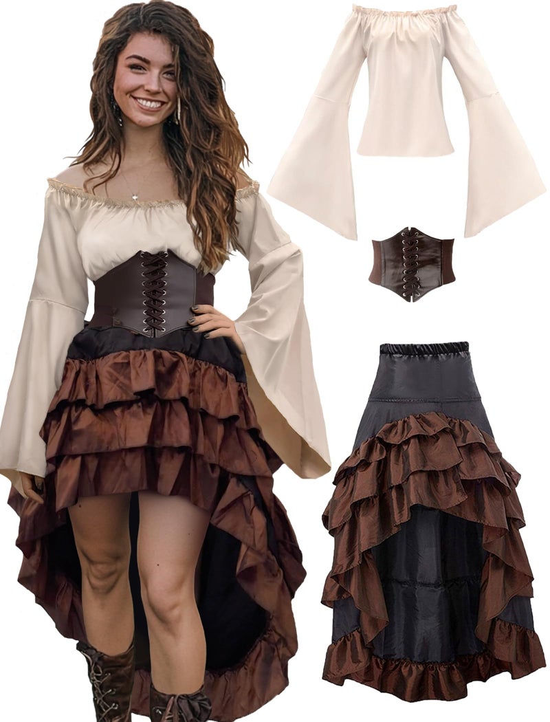 Verceco Pirate Costume Women Outfit with Renaissance Pirate Shirt Skirt Corset Waist Belt Womens Halloween Pirate Costumes BeigeBrown M - Image 2