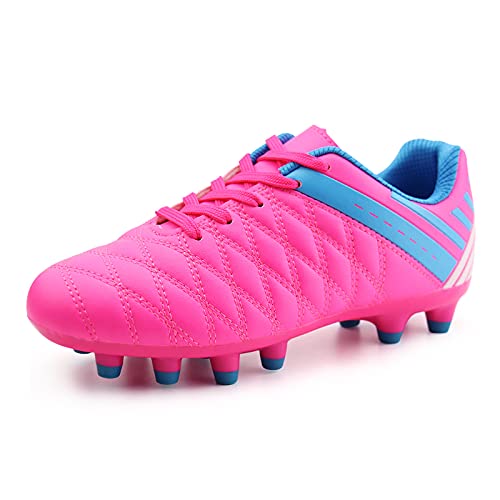 brooman Kids Athletic Soccer Cleats Boys Girls Outdoor Firm Ground Football Shoes (12,Pink) - Image 1