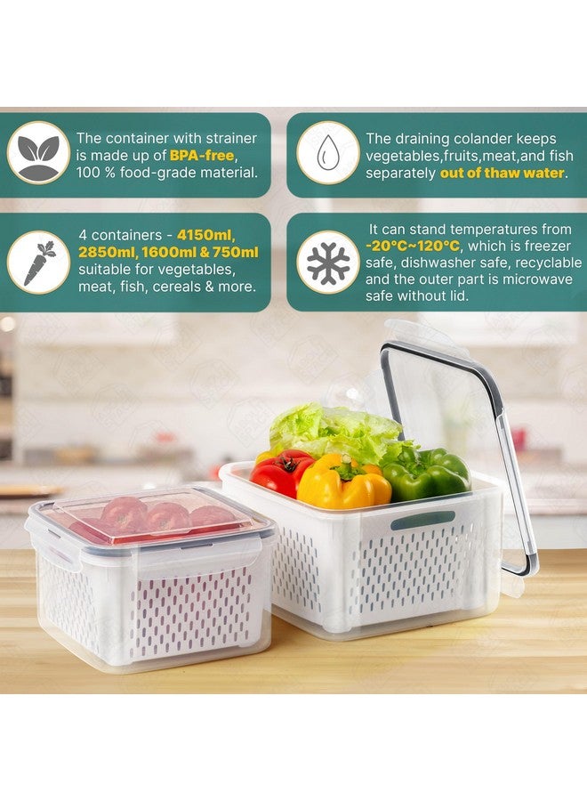 ABOUT SPACE Pp Plastic 4 Pcs Fridge Storage Boxes with Removable Strainer Air Tight Large Fruit Containers Organizer Meat, Fish Container (4150 Ml, 2850 Ml, 1600 Ml & 750 Ml), Transparent - Image 5