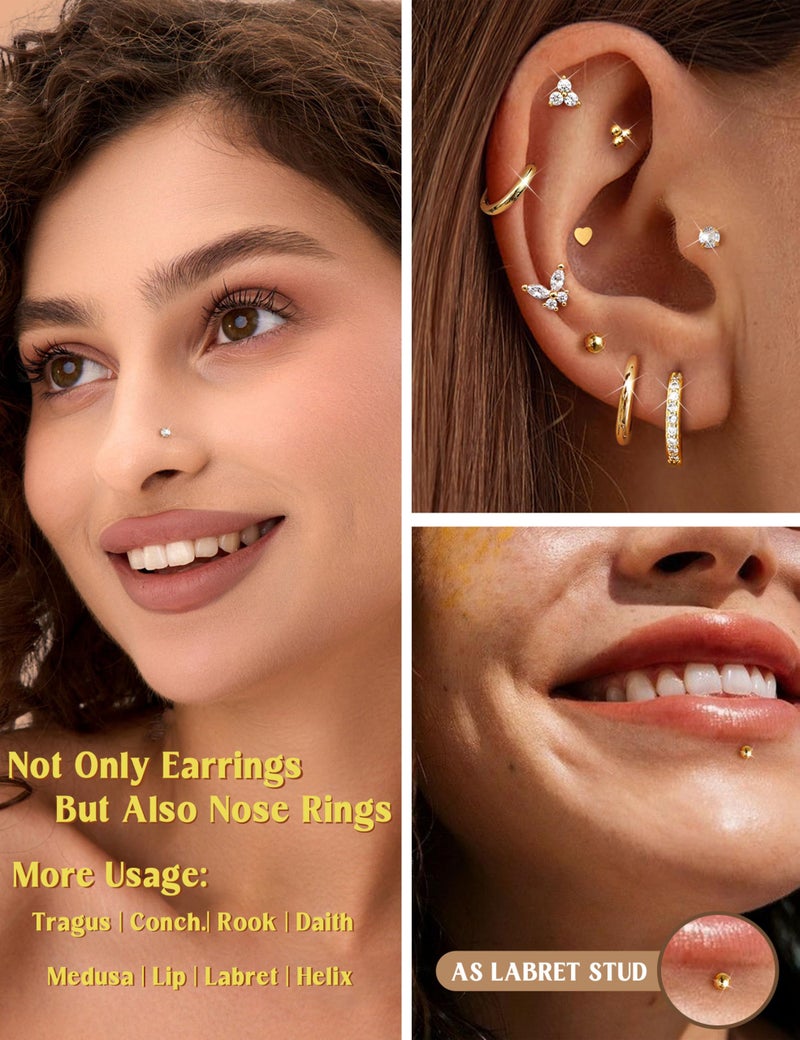 Sanfenly Push in Stud Earrings, 20G-Butterfly Flat Back Earrings,Hypoallergenic Threadless Flat Back Earrings Studs 316L Surgical Steel Cartilage Earrings for Women Gold - Image 2