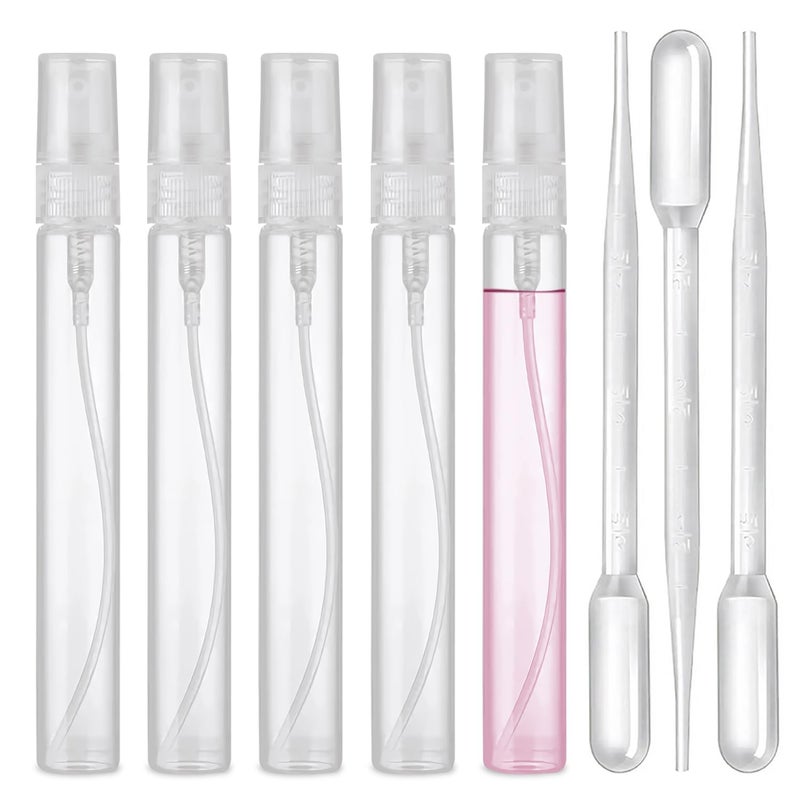 uadbau Mini Spray Bottle, 5 Pcs 10ml Perfume Bottle Empty with 3 Pcs Transfer Pipettes, Fine Mist Refillable Perfume Atomizer, Small Empty Sample Containers, Plastic Portable Travel Bottle - Clear - Image 1