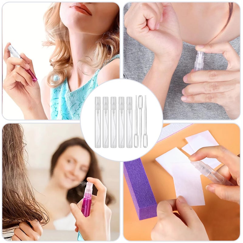 uadbau Mini Spray Bottle, 5 Pcs 10ml Perfume Bottle Empty with 3 Pcs Transfer Pipettes, Fine Mist Refillable Perfume Atomizer, Small Empty Sample Containers, Plastic Portable Travel Bottle - Clear - Image 4