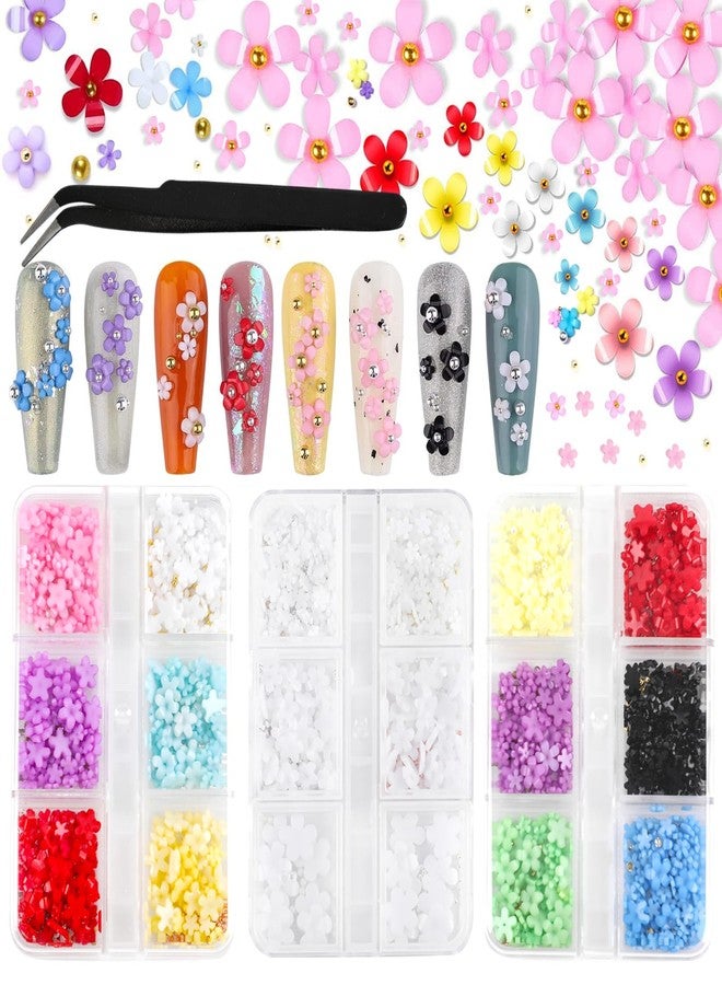 FOIMAS 3D Flower Nail Charms,3 Boxes Flower Acrylic Nail Art Rhinestones with Gold Silver Pearl Beads Tweezer for DIY Nail Art Decoration Supply - Image 1