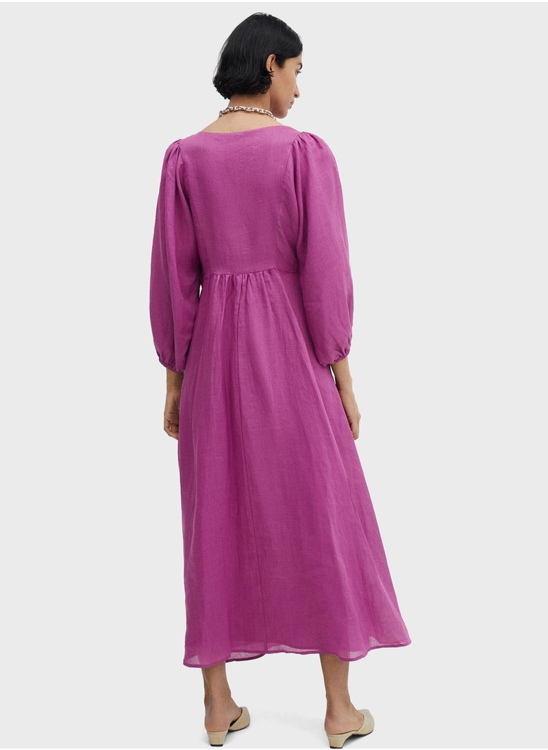MANGO - V-Neck Puff Sleeve Dress - Image 1