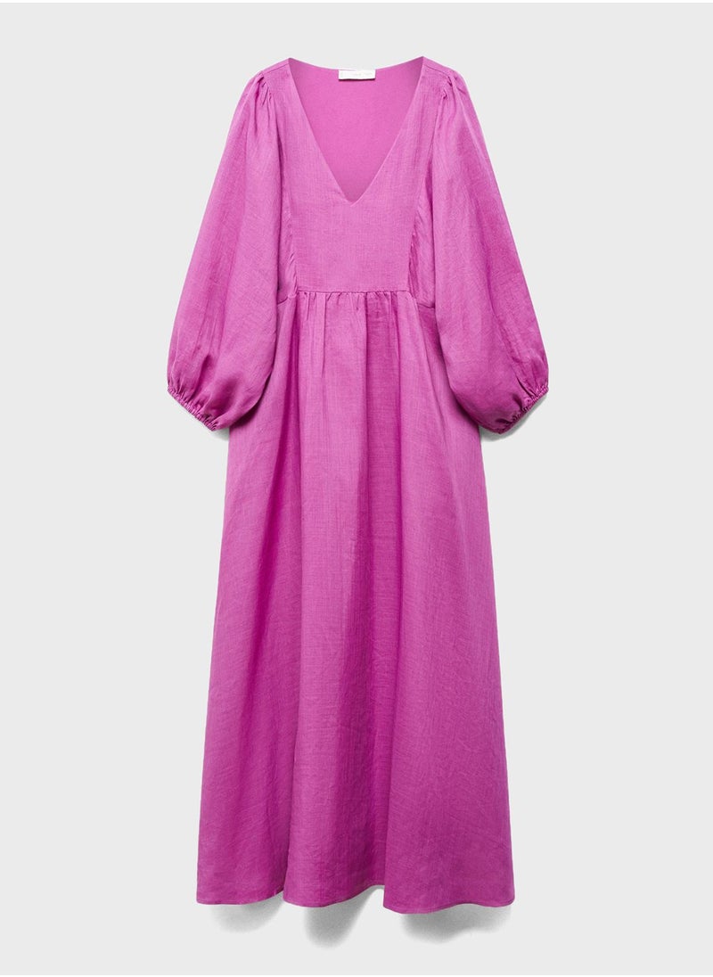 MANGO - V-Neck Puff Sleeve Dress - Image 1