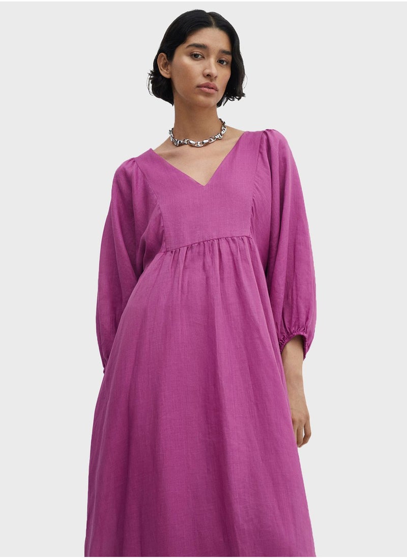 MANGO - V-Neck Puff Sleeve Dress - Image 1