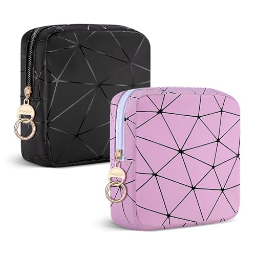 Playexen 2 PCS Mini Makeup Bag for Purse, 4.5" Small Cosmetic Bag Set for Women Girls, Small Travel Makeup Pouch for Purse (Black+Pink) - Image 1