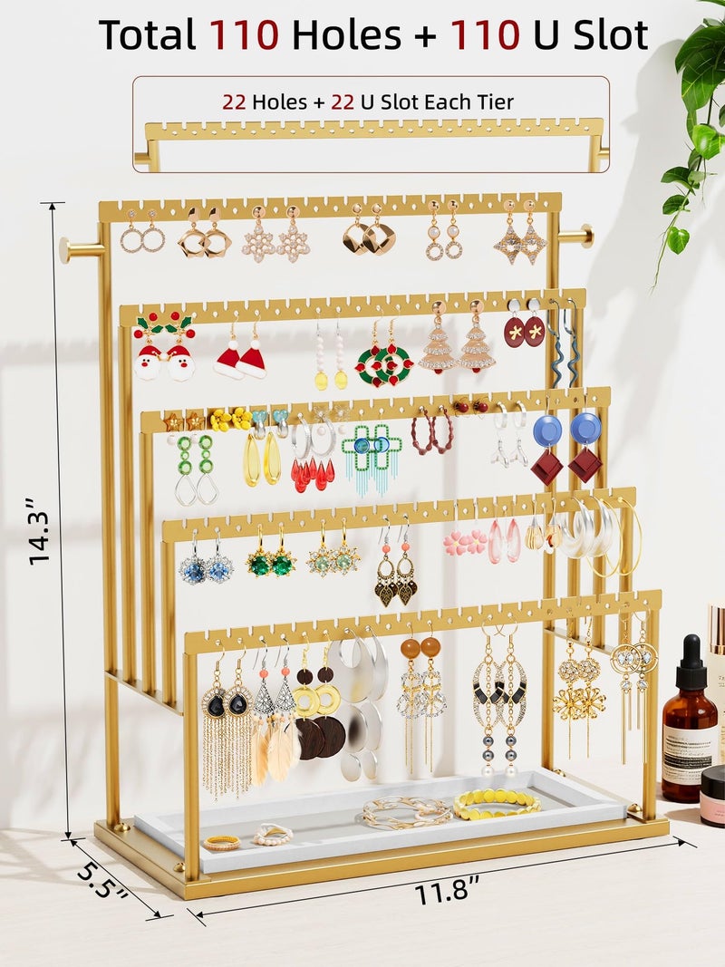 TIPSYTREE Earring Holder Organizer Gold, 5-Tier Jewelry Display Stand with Elegant Gold Metal Frame and Wooden Tray, Large Earring Holder for Studs, Hoops, Dangles, Decorative Jewelry Organizer for Women - Image 2