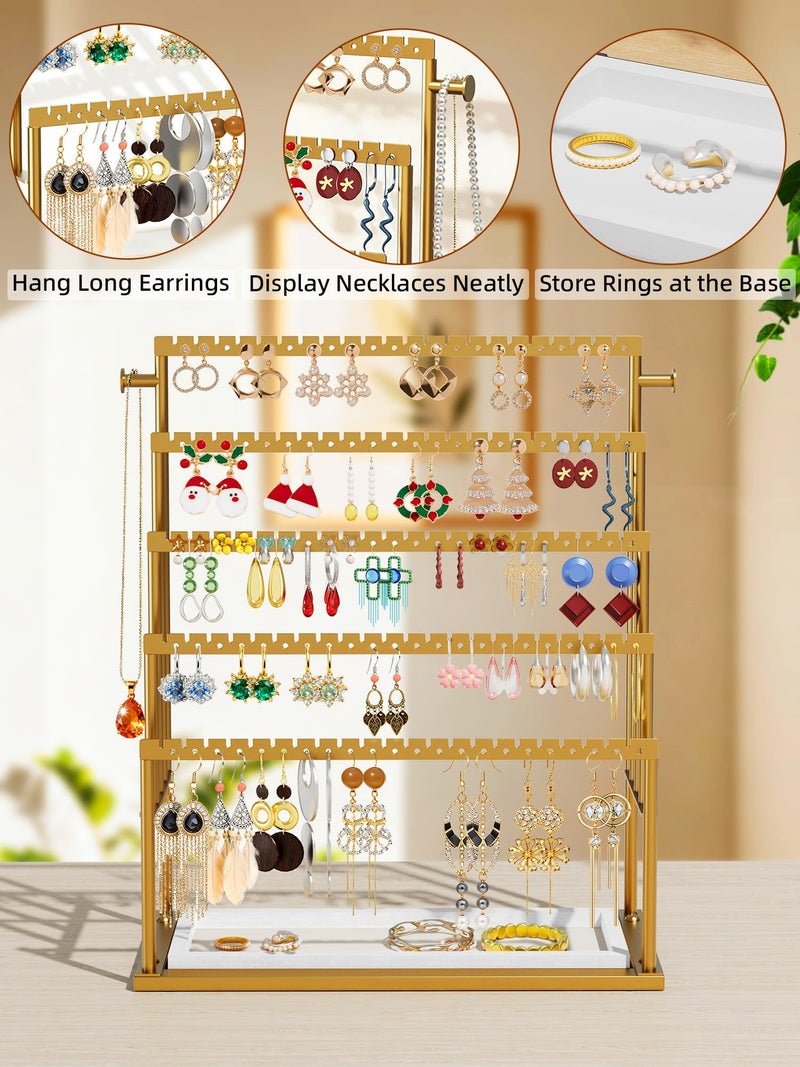 TIPSYTREE Earring Holder Organizer Gold, 5-Tier Jewelry Display Stand with Elegant Gold Metal Frame and Wooden Tray, Large Earring Holder for Studs, Hoops, Dangles, Decorative Jewelry Organizer for Women - Image 3
