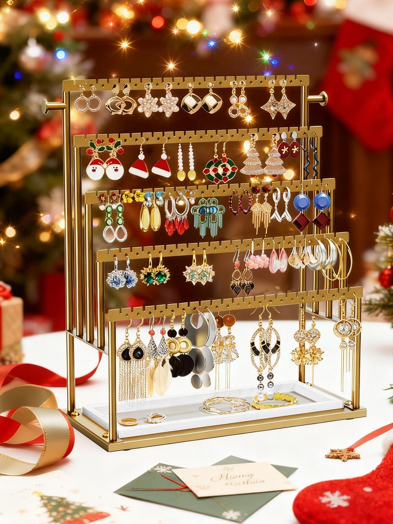 TIPSYTREE Earring Holder Organizer Gold, 5-Tier Jewelry Display Stand with Elegant Gold Metal Frame and Wooden Tray, Large Earring Holder for Studs, Hoops, Dangles, Decorative Jewelry Organizer for Women - Image 5