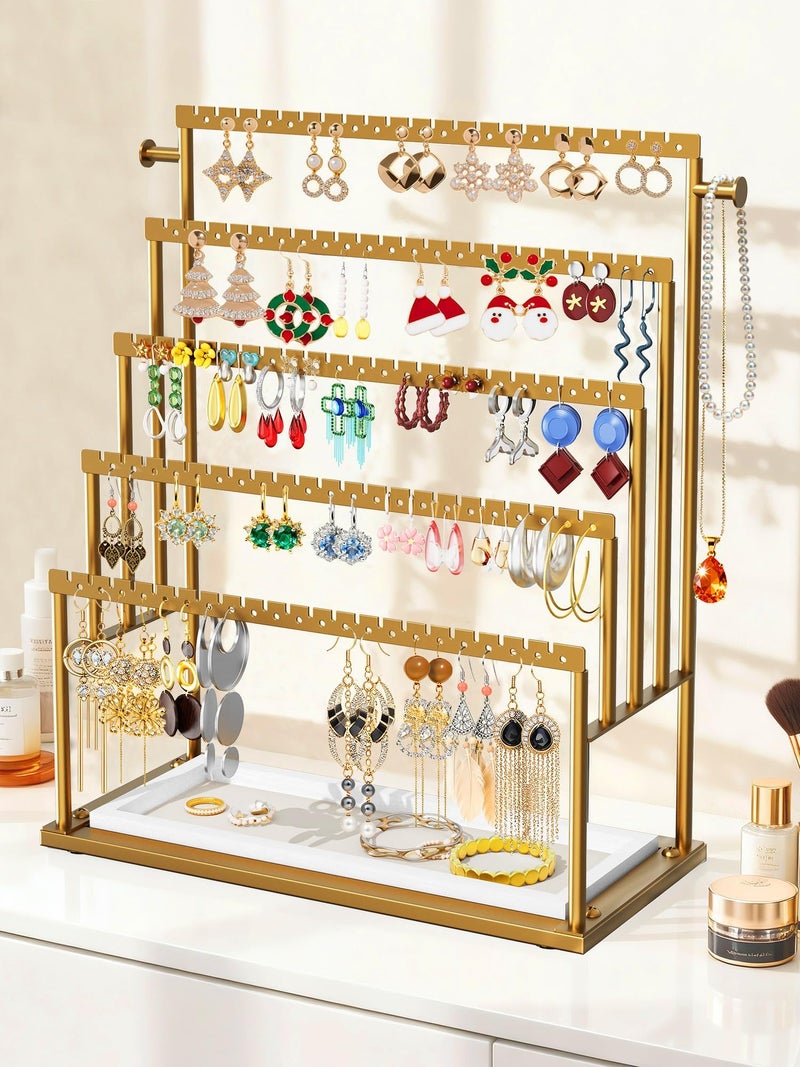 TIPSYTREE Earring Holder Organizer Gold, 5-Tier Jewelry Display Stand with Elegant Gold Metal Frame and Wooden Tray, Large Earring Holder for Studs, Hoops, Dangles, Decorative Jewelry Organizer for Women - Image 4