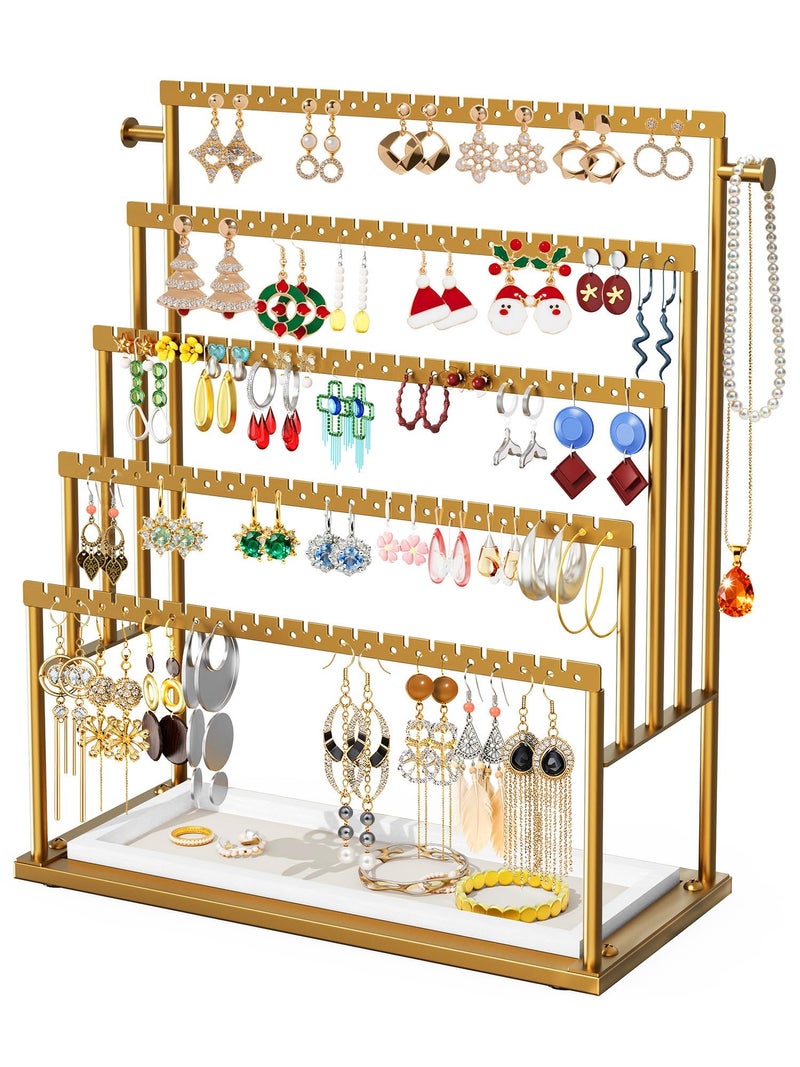TIPSYTREE Earring Holder Organizer Gold, 5-Tier Jewelry Display Stand with Elegant Gold Metal Frame and Wooden Tray, Large Earring Holder for Studs, Hoops, Dangles, Decorative Jewelry Organizer for Women - Image 1