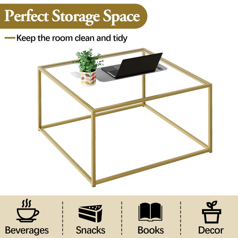 Adompacat Glass Coffee Table, Small Square Coffee Table for Living Room,Simple Modern Center Tables for Small Spaces, Gold Living Room Tea Tables Easy Assembly,26 * 26inï¼ˆGold & Clear Glassï¼‰ - Image 4