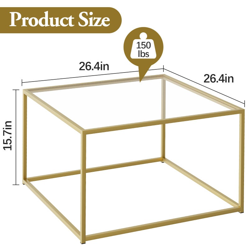 Adompacat Glass Coffee Table, Small Square Coffee Table for Living Room,Simple Modern Center Tables for Small Spaces, Gold Living Room Tea Tables Easy Assembly,26 * 26inï¼ˆGold & Clear Glassï¼‰ - Image 3
