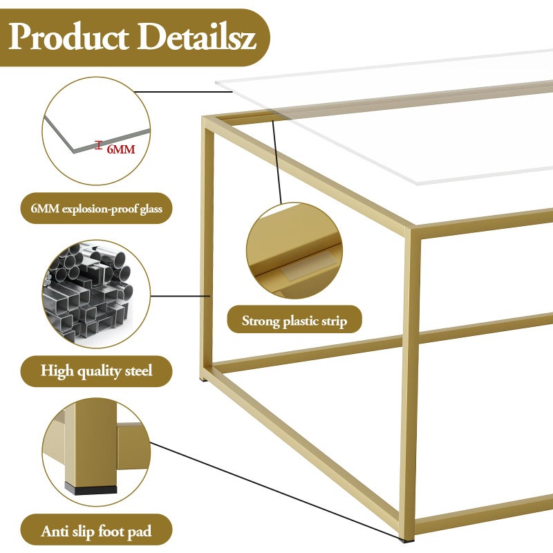 Adompacat Glass Coffee Table, Small Square Coffee Table for Living Room,Simple Modern Center Tables for Small Spaces, Gold Living Room Tea Tables Easy Assembly,26 * 26inï¼ˆGold & Clear Glassï¼‰ - Image 5