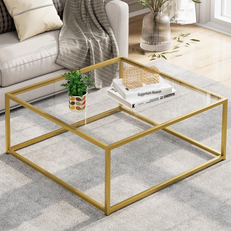 Adompacat Glass Coffee Table, Small Square Coffee Table for Living Room,Simple Modern Center Tables for Small Spaces, Gold Living Room Tea Tables Easy Assembly,26 * 26inï¼ˆGold & Clear Glassï¼‰ - Image 1