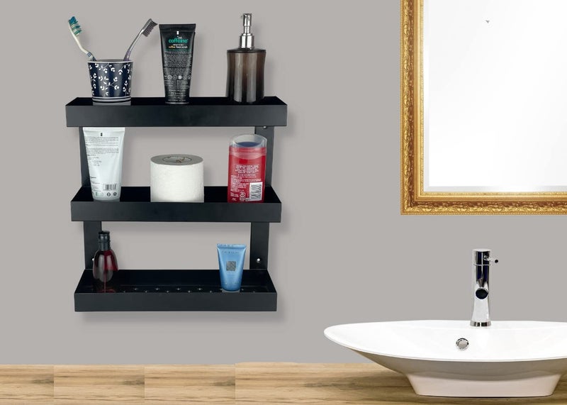 Go Hooked Go Hooked Metal 3 Tier Bathroom Storage Shelf Rack Pantry Organizer Bathroom Accessories Organizer Elegant Durable Space Saving Stylish Modern Versatile Compact Black  - Image 1