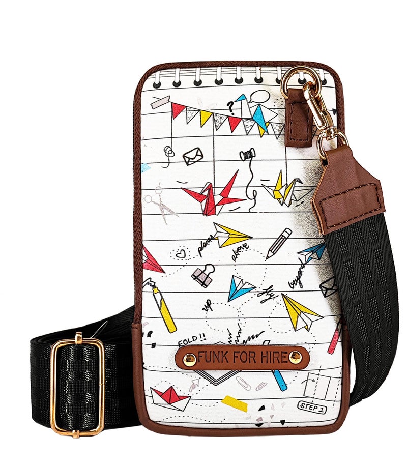 Funk For Hire Womens Leatherette Origami Printed Mobile Holder Sling Bag - White And Brown - Image 1