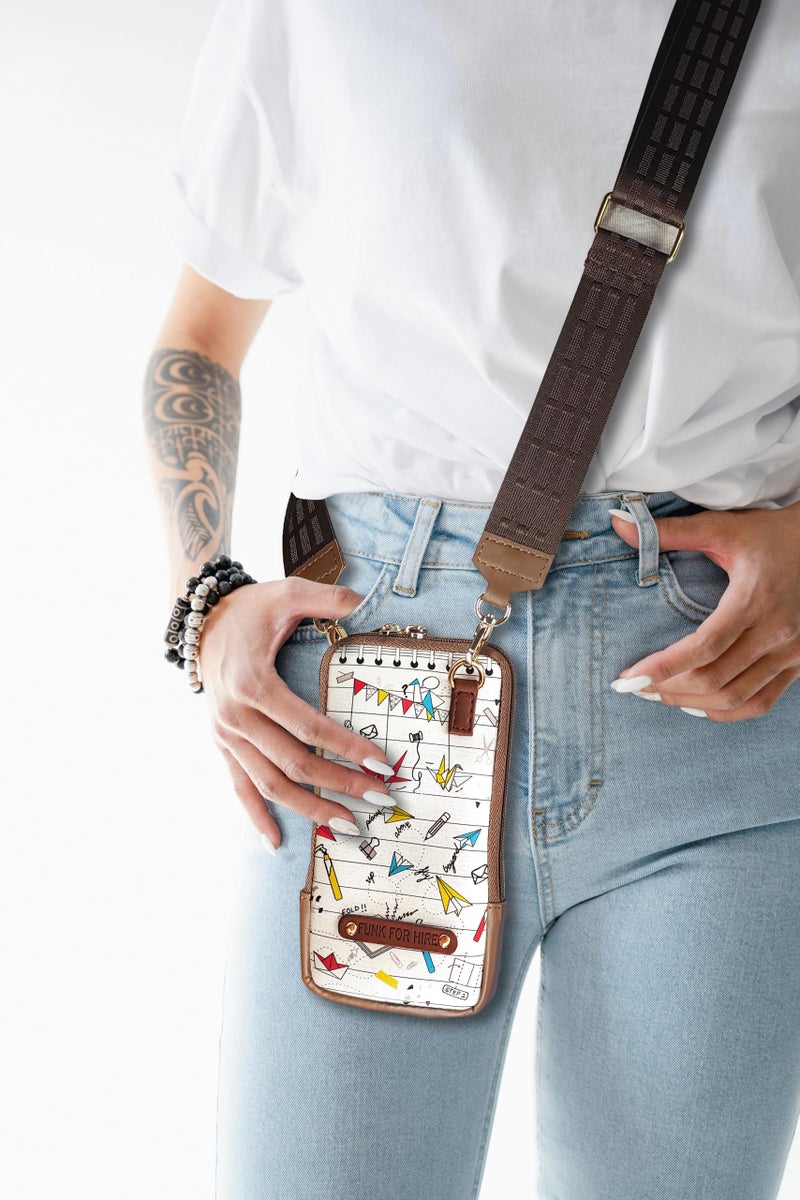 Funk For Hire Womens Leatherette Origami Printed Mobile Holder Sling Bag - White And Brown - Image 4