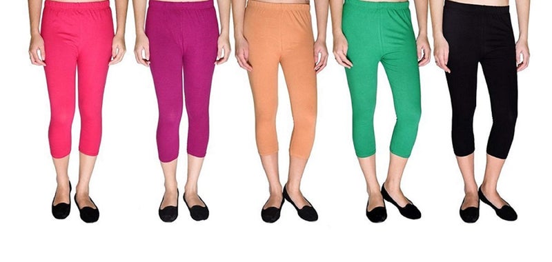 FEELBLUE Premium Cotton Strechable Women's Casual/Gym/Sports 3/4th Capri (Free Size) Combo Pack of 5 (RaniMagentaPeachPgreenBlck) - Image 1