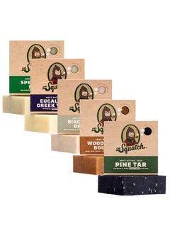 Dr. Squatch All Natural Bar Soap For Men 5 Bar Variety Pack Pine Tar Wood Barrel Bourbon Birchwood Breeze Spearmint Basil And Eucalyptus Greek Yogurt  - Image 1