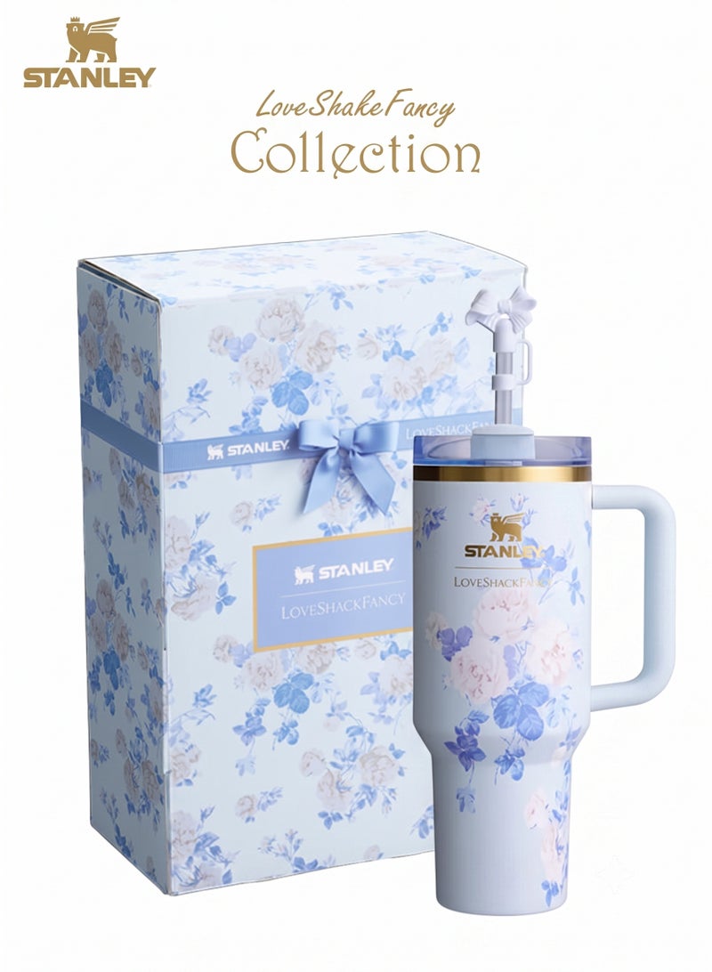 Stanley x LoveShackFancy Blue Tumbler with Handle & Straw – 40 oz Vacuum Insulated Stainless Steel Travel Mug, Leak-Resistant Reusable Cup, Limited Edition Floral Hot & Cold Drink Cup - Image 1