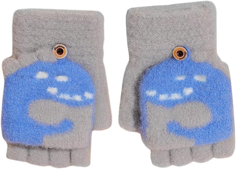 Newfancy Kids Boys Girls Dinosaur Flip Top Gloves with Mitten Cover Knitted Winter Fingerless Toddler Convertible Mittens - Image 1