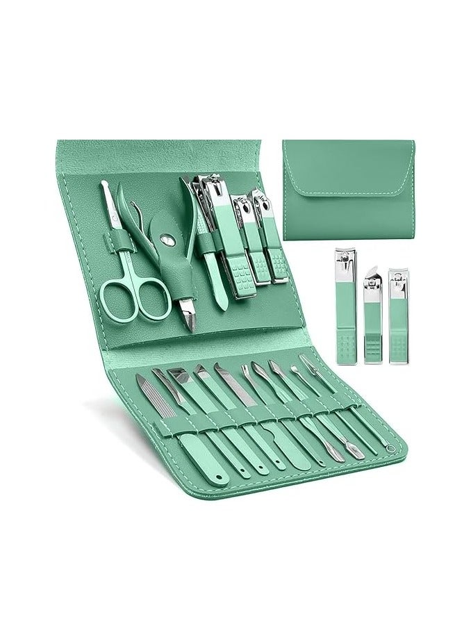 Manicure and Pedicure Set, Professional Pedicure Set for Men and Women, Stainless Steel Nail Clippers, Scissors and Shavers with Premium Leather Case, 16 in 1 (Green) - Image 1